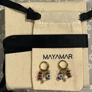 MAYAMAR Gold Hoop Earrings with Blue Evil Eye, Pearls & Beads New